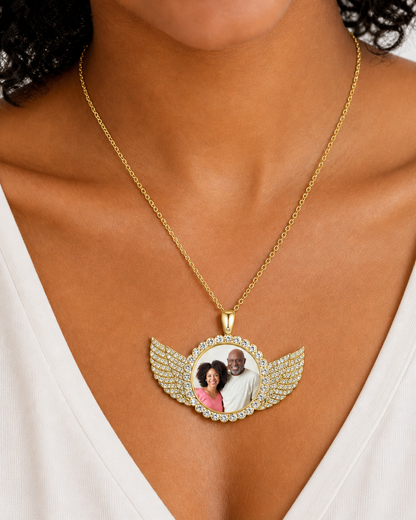 Personalized Angel Wing Rhinestone Photo Necklace | Custom Memorial Picture Pendant in Gold or Silver
