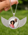 Personalized Angel Wing Rhinestone Photo Necklace | Custom Memorial Picture Pendant in Gold or Silver