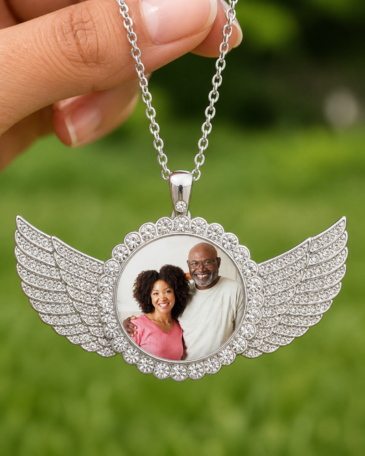 Personalized Angel Wing Rhinestone Photo Necklace | Custom Memorial Picture Pendant in Gold or Silver