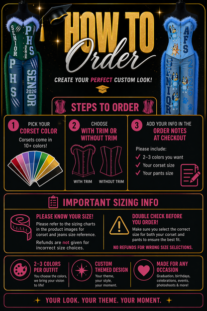 Custom Corset & Jean Set – Graduation, Birthday & Celebration Outfit | Personalized Theme Set